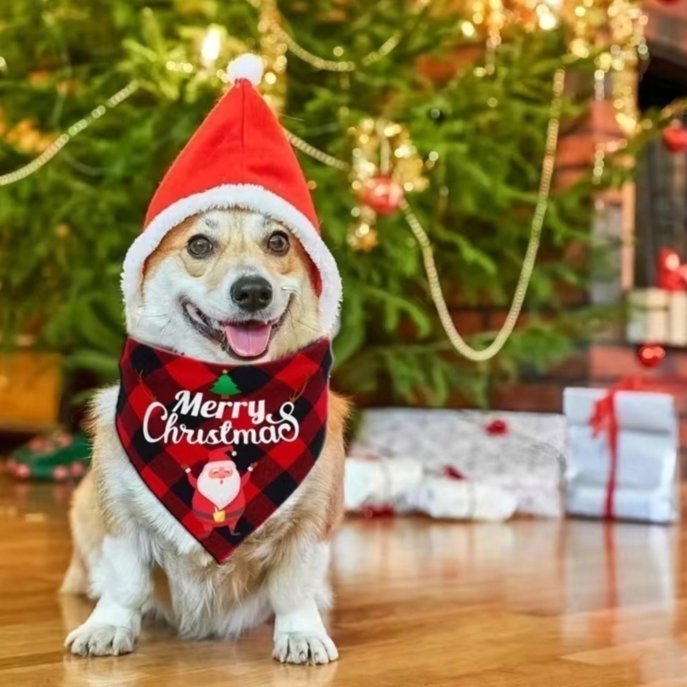 Christmas Dog Bandanna Tartan Plaid Merry Christmas Graphic Tie On Black Red OS